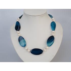 natural white pearl and blue agate necklace